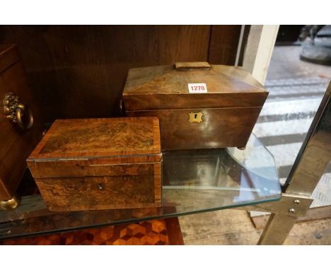 An early 19th century mahogany sarcophagus tea caddy,&nbsp;25.5cm wide; together with another George III figured walnut and c