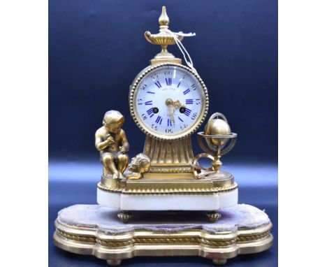 A good late 19th century, Louis XV style, gilt metal and white marble mantel clock,&nbsp;the enamel dial inscribed 'Noel Fils