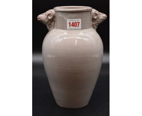 A Constance Spry twin handled vase, by Fulham Pottery,&nbsp;with rams head handles, incised signature, 23.5cm high, (cracks).