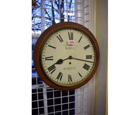 A Victorian oak single fusee wall clock,&nbsp;the 12in dial inscribed 'Morse, Watford', with pendulum and winding key.&nbsp; 