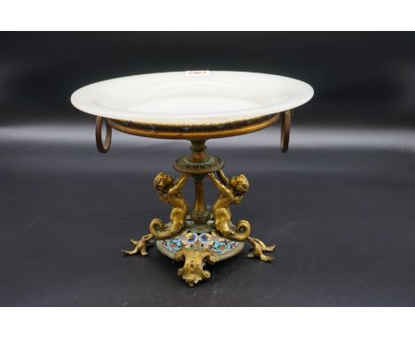 A late 19th century French gilt brass, cloisonne enamel and alabaster tazza, 26cm diameter. 