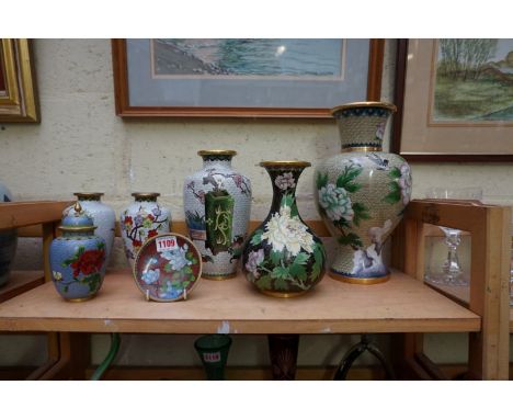 A collection of Chinese cloisonne enamel, largest 30.5cm high.&nbsp; 