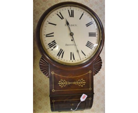 A 19th century mahogany and brass inlaid drop dial fusee wall clock,&nbsp;the 12in painted dial inscribed 'Lindy, Bristol', w