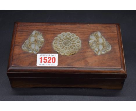 A&nbsp;Chinese hardwood and jade box &amp; cover, probably late 19th century, the top inset with three carved jade plaques, 1