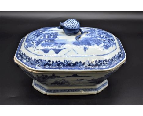 A Chinese blue and white twin handled tureen &amp; cover, late 18th century, with pomegranate finial and mask handles, 33.5cm