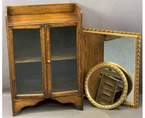 VINTAGE OAK BOOKCASE &amp; TWO GILT FRAMED WALL MIRRORS, the shelf top bookcase with twin lower glazed doors and interior she