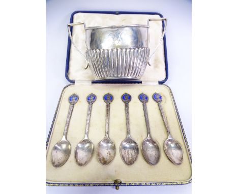 CASED SET OF SIX CORONATION SPOONS and a ribbed two-handled sugar bowl, the spoons commemorating George VI and Queen Elizabet