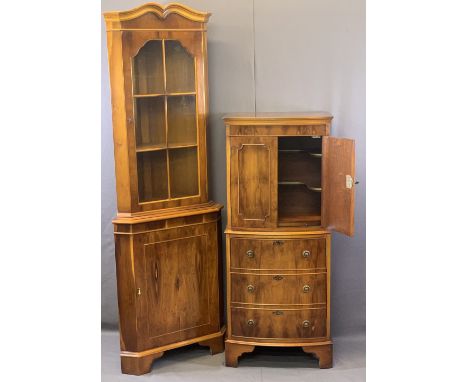 REPRODUCTION YEW WOOD PARLOUR FURNITURE, TWO ITEMS to include a bow fronted cocktail cabinet with twin upper doors and interi