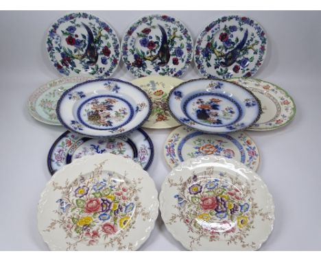 COPELAND SPODE EXOTIC BIRD DECORATED PLATES (3), an assortment of other chargers including a pair marked 'Antique Bottle J M 