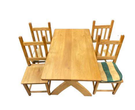 MODERN LIGHT OAK DINING TABLE &amp; FOUR CHAIRS, the rectangular top on X frame supports, 76cms H, 152cms L, 87.5cms W