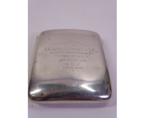 WWI INTEREST SILVER CIGARETTE CASE Birmingham 1916, Maker George Unite, 3.2 troy ozs, 8.5 x 8cms with inscription which reads