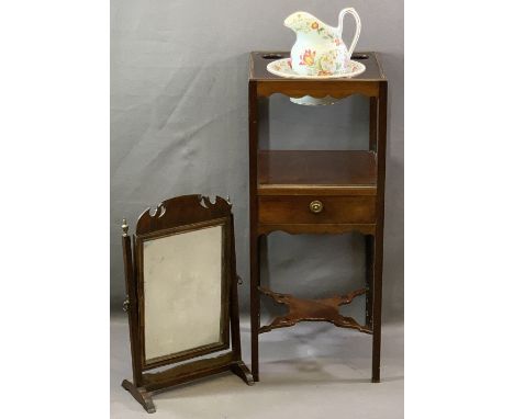 GEORGIAN MAHOGANY WASHSTAND and a similar period swing toilet mirror, the stand with top apertures, the largest containing a 