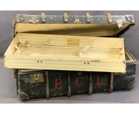 VINTAGE WOODEN BANDED STEAMER TRUNK with lift-out interior tray and leather carry handles initialled ' R G L' to the front, 3