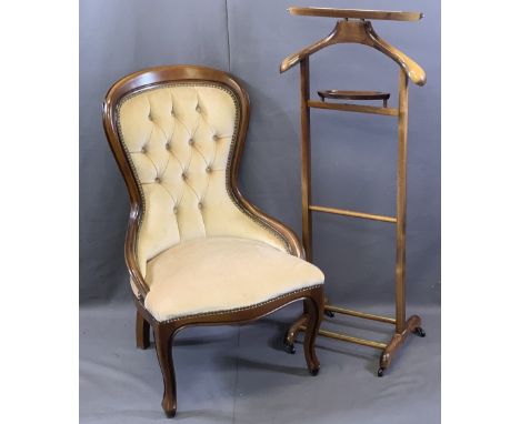 REPRODUCTION MAHOGANY BUTTON BACK UPHOLSTERED BALLOON BACK SALON CHAIR and a vintage style wooden gentleman's valet, 89.5cms 