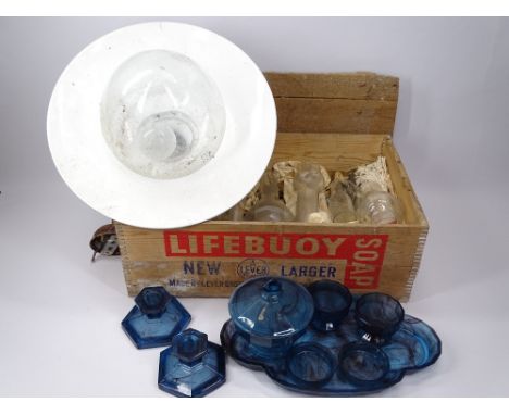 VINTAGE OIL LAMP CHIMNEYS, a quantity in a Lifebuoy Soap box, ceiling lamp and a blue cloud glass dressing table set