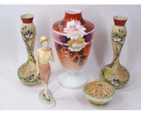 ROYAL WORCESTER WEST END GIRL FIGURINE, Grangers Worcester reticulated bowl and three Victorian Milk glass vases