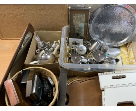 ART DECO POTTERY &amp; CHROME TEASET, vintage boxes, book rack, barometer and stainless steel tableware ETC