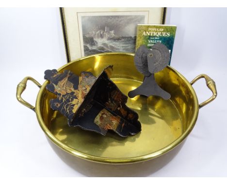 ANTIQUE BRASS &amp; OTHER MIXED COLLECTABLES to include a large two-handled 46.5cms diameter pan, Japanese papier mache wall 