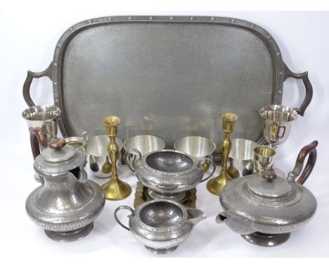 PERIOD PEWTER FOUR PIECE TEA SERVICE WITH TRAY, Kirk Stieff pewter drink cups and a small mixed quantity of other metalware