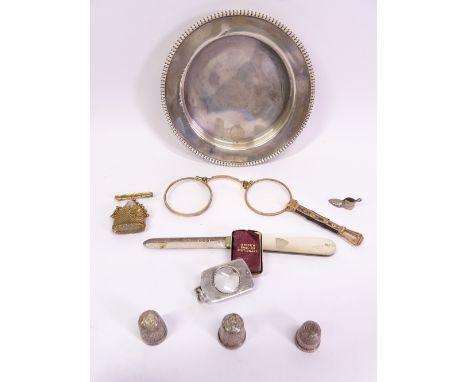 SMALL SILVER, gilt metal lorgnettes and other collectables, a mixed quantity to include a 12.5cms dish, Birmingham 1929, Make