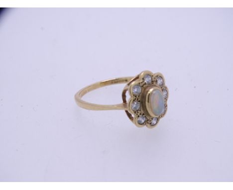 9CT GOLD OVAL OPAL &amp; CZ CLUSTER DRESS RING, 2.2grms