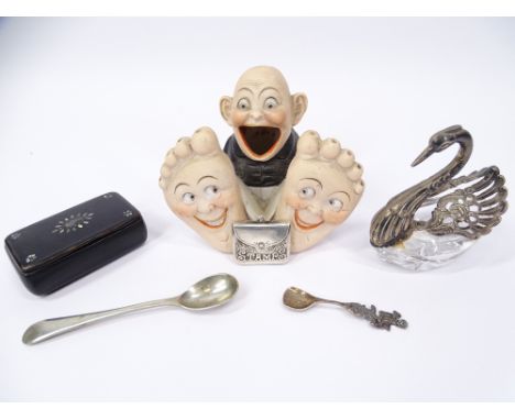 MIXED SILVER &amp; COLLECTABLES to include a small stamps envelope, Birmingham 1905, continental cherub topped mustard spoon 