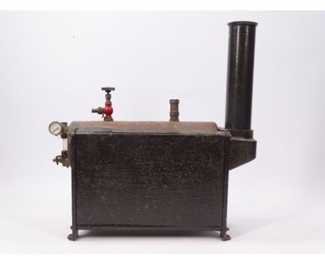 LIVE STEAM MODEL OF A BOILER with valve taps and pressure gauge, 30cms max H, 30cms L, unmounted platform type, no burner