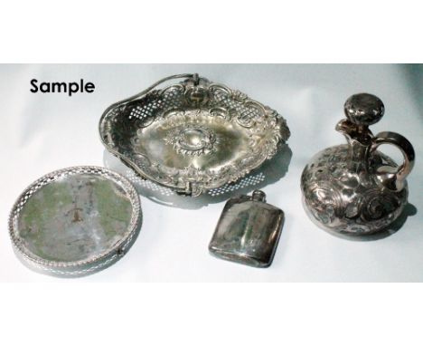 EP oval cake basket, a similar dish, an Old Sheffield waiter, a plated spirits flask and various other items.