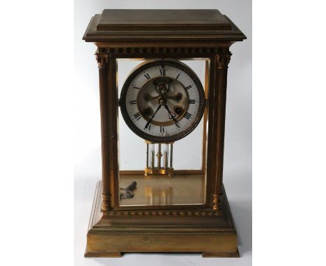 French style brass and four glass clock with Corinthian columns, enamel dial, Brocot escapement and a mercury compensated pen