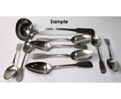 Set of six silver fiddle pattern tablespoons with matching soup ladle and five dessert spoons, maker Adam Burgess, Dumfries c