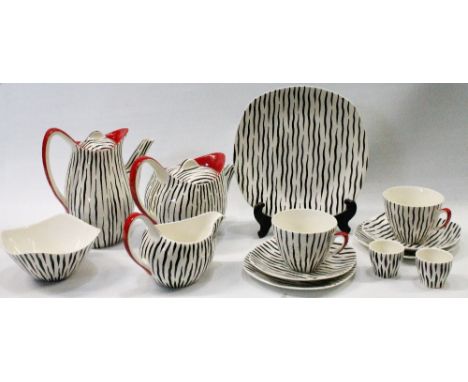 Midwinter Fashion Shape half tea set of Zambesi pattern with red embellished rims on teapot, hot water jug, milk jug and cups