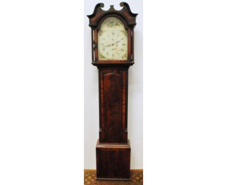 Eight day longcase clock with 13in dial painted with thistles at the spandrels and bird and flowers in the arch, with seconds