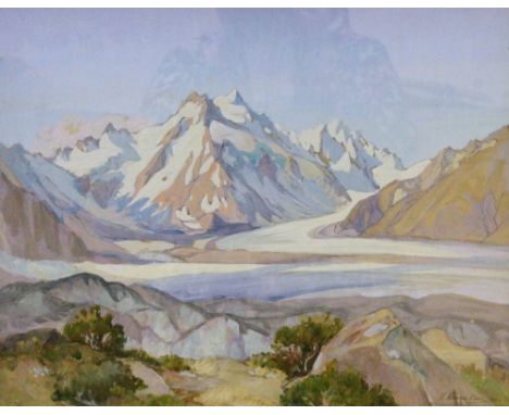 KATHLEEN AIRINI VANE (1891 - 1963)
Mountain landscape with glacier
Signed and dated 1930, watercolour, 38cm x 47cm.