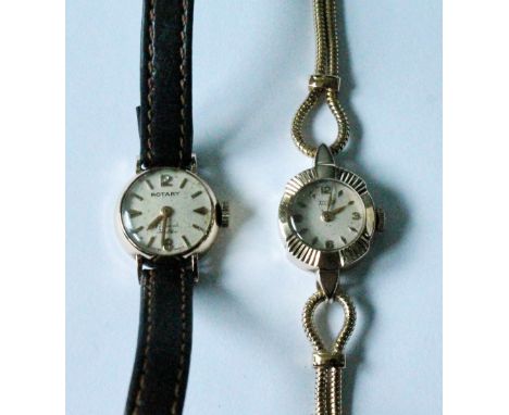 Lady's Tissot 9ct gold bracelet watch with diamond-cut bezel, 1956, and a lady's 9ct gold Rotary watch, on strap.  (2)