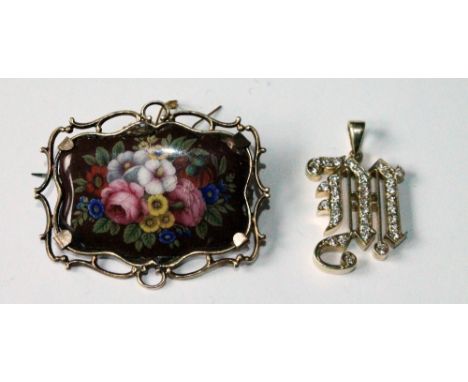 Swiss enamel brooch painted with flowers, in gold, and a diamond initial 'M' pendant, '585'.