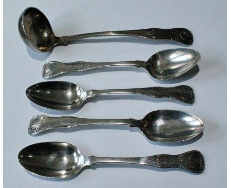Silver toddy ladle of King's type pattern, Edinburgh 1820, and a set of four silver teaspoons by James McKay.