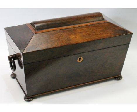 Late 18th century rosewood tea caddy of sarcophagus form with a pair of lidded interior compartments and a replacement glass 