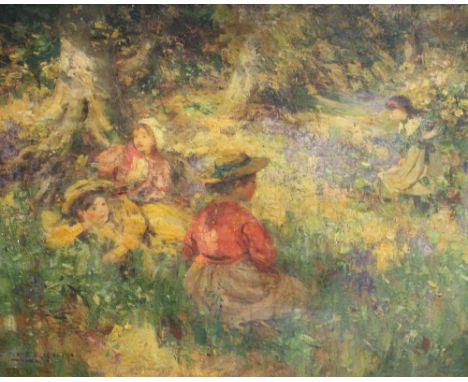 WILLIAM STEWART MCGEORGE (1861 - 1931)
Woodland glad with four young girls playing
Signed, oil on canvas, 39cm x 48.5cm. Cond