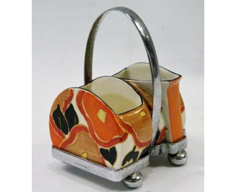 Clarice Cliff 'Bizarre' Newport Pottery sugar and cream in chrome stand, stand 13cm high. Condition Report Sugar: no chips or