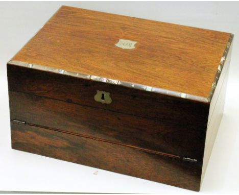 Late Victorian combined portable writing desk and trinket box, the hinged lid exposing a lift-out tray over fold-out writing 