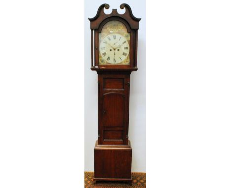 Eight day longcase clock with 14in dial florally decorated in the arch and spandrels, with day and date, in an oak case with 