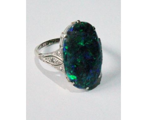 Early 20th century ring with oval, slightly convex black opal, the shoulders with small diamonds in openwork, '18ct pt'. Cond