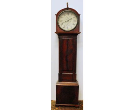 Eight day longcase clock, the circular 14in painted dial with seconds and date, in mahogany case with fluted columns and brea