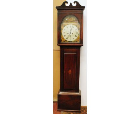 Eight day longcase clock with 14in dial painted with the British counties at the spandrels, an equestrian figure in the arch,