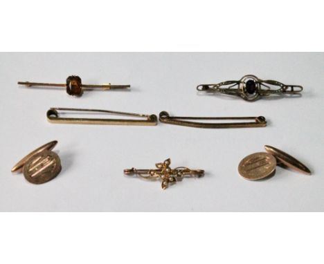 Pair of 9ct gold cufflinks inscribed, 'No.17', and five pins, some gem-set.