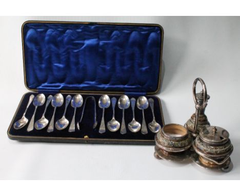 Unusual cruet with Doulton stoneware mounted in EP, also a set of twelve cased coffee spoons. Condition Report Mustard pot: h