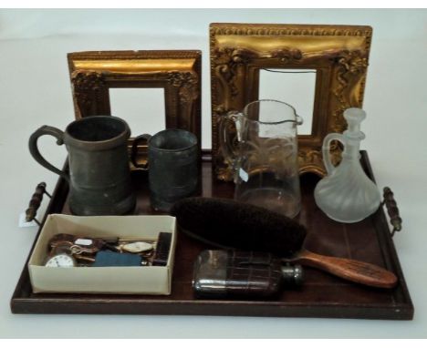 A mixed lot, to include an Edwardian twin handled mahogany tray, crocodile hide and EPNS hip flask, two giltwood picture fram