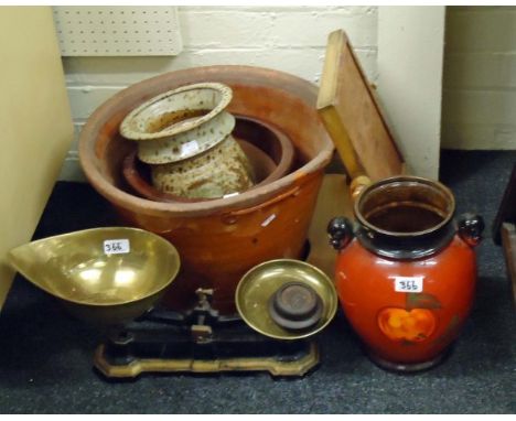 A stoneware bread crock, a Rumtopf, set of pan scales, two jardinieres and a toilet mirror