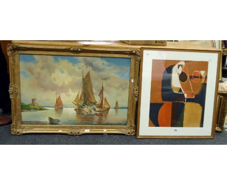 20th century European school, barges and other sailing vessels on a river estuary with windmill, oil on canvas, indistinctly 