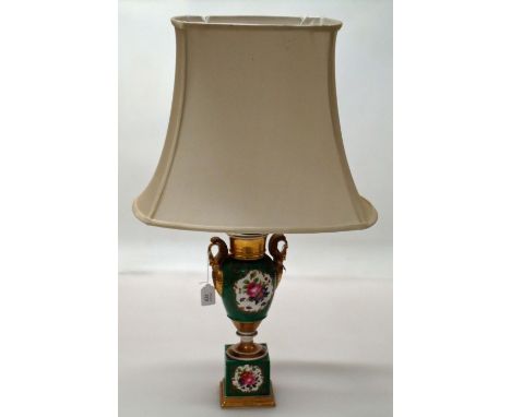 A 19th century Paris porcelain urn form table lamp, with green ground and floral reserves, fitted gilt swan handles, 48cm hig